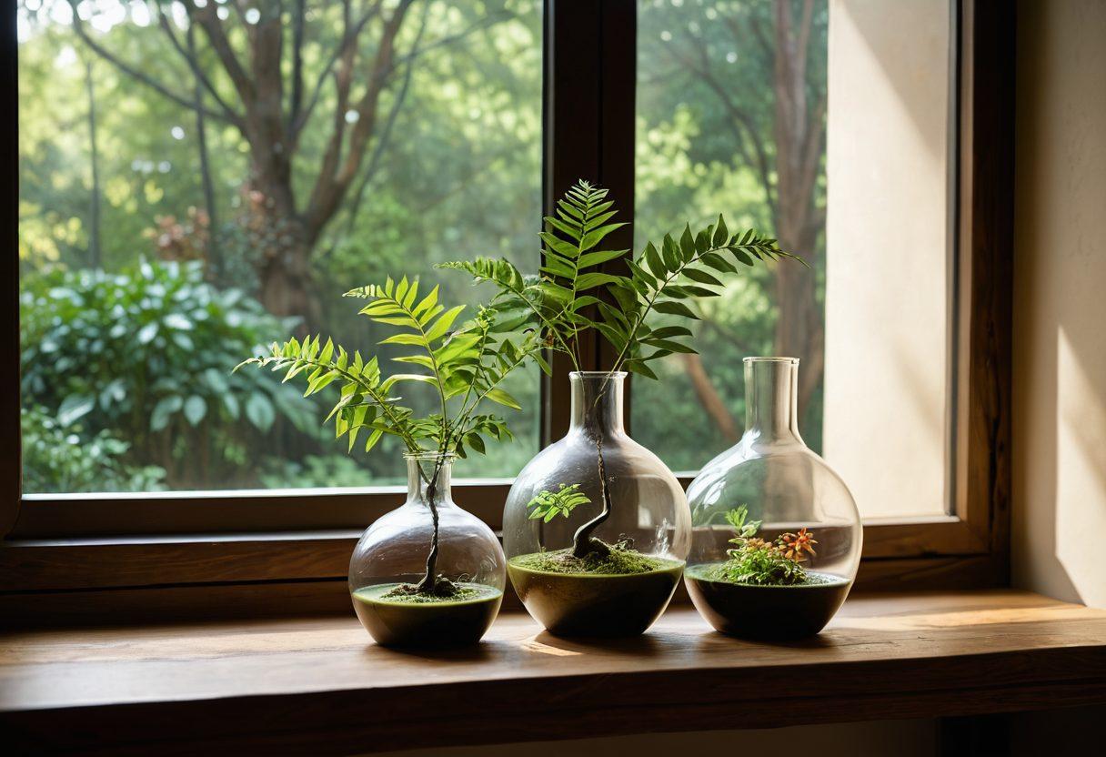 A serene setting featuring a stylishly designed bong made from eco-friendly materials, surrounded by lush green plants symbolizing nature's healing properties. In the background, display medical-grade equipment like glass syringes and herbal jars, all arranged harmoniously on a wooden table. Soft light filters through a window, casting gentle shadows, as calming colors like green and earth tones dominate the scene. artistic photography. soft focus. warm lighting.